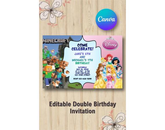 Twin Minecraft and Disney Princesses Invitation | Canva Template